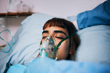 Image showing Healthcare, anesthesia and woman with an oxygen mask, recovery and operation in hospital bed. Female, lady and patients with breathing equipment, coma and cardiology with emergency and ventilation