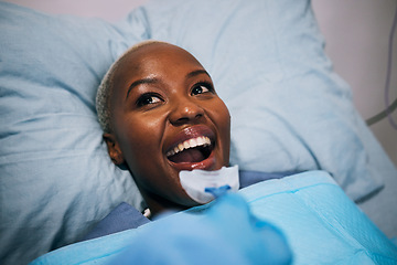 Image showing Dental, patient and black woman in a bed, healthcare and success with surgery, procedure or treatment. Female, lady and person with smile, recovery or oral mould for mouth, disease or joy in hospital