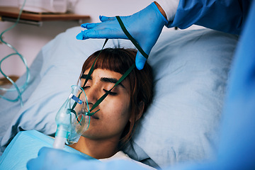 Image showing Recovery, patient and woman in bed, oxygen and healthcare problem with breathing issue, anesthesia and sick. Female person, lady and model with medical equipment, disease and illness in clinic