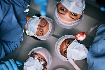 Image showing Pov, surgery or doctors with mask, healthcare or treatment for injury, emergency or teamwork. Portrait, medical professional or staff with face cover, surgical or bottom view of coworkers in hospital