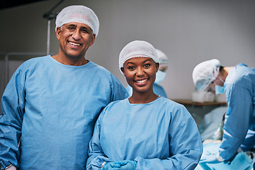 Image showing Theatre, portrait and happy doctors in hospital teamwork, leadership and medical surgery with internship opportunity. Face of expert surgeon, healthcare woman or people in operating room or theater