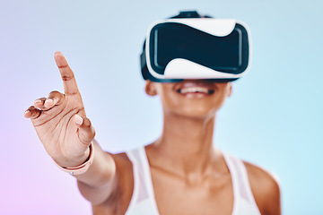 Image showing VR, hand interaction and woman isolated on gradient background metaverse, futuristic or 3d user experience. Virtual reality, high tech and happy person press for digital world or software in studio