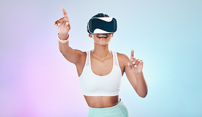 Image showing VR, glasses and fitness woman isolated on studio, gradient background metaverse, futuristic or 3d user experience. Virtual reality, high tech and happy person press online, digital world or esports