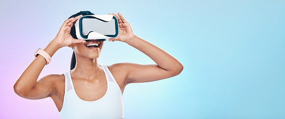 Image showing VR, glasses and happy woman isolated on studio, gradient background metaverse, high tech and digital world mockup. Virtual reality, wow and vision of person with 3d user experience, software and neon