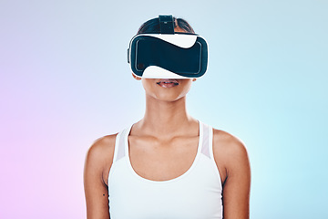 Image showing Virtual reality, glasses and woman vision isolated on studio, gradient background for metaverse, high tech or cyber gaming. VR, digital world and young person in 3d user experience or online software