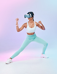 Image showing Fitness, VR glasses and woman isolated on gradient background for metaverse fight, gaming and sports training. Virtual reality, online vision and action 3d boxer or person body, workout competition