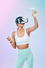 Image showing VR, glasses, fitness and woman touch hologram isolated on gradient background for metaverse or 3d user experience. Virtual reality, holographic and exercise or workout person press in digital studio