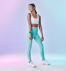 Image showing Fitness, wellness and woman in sports fashion feeling excited for exercise, workout or training isolated in a studio background. Health, happy and female model or athlete ready with active style