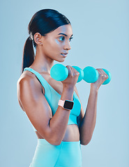 Image showing Fitness, workout and woman with weights in a studio for a arm or strength training with motivation. Sports, health and Indian female athlete or model doing exercise while isolated by blue background.