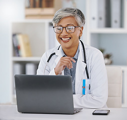 Image showing Senior doctor, woman with smile and laptop for video call with virtual medical consultation or research for case. Health insurance, online healthcare conference with happy person and communication