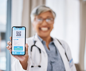 Image showing Phone, screen and woman doctor with QR code, test results and drugs, virus or medical mobile app for health services. Website ux, online info and negative feedback with happy healthcare professional