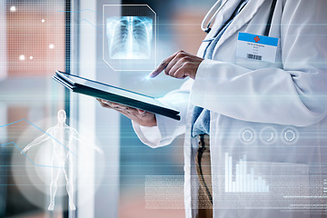 Image showing Doctor, woman with tablet in hands and hologram with medical data, anatomy and lung x ray with overlay. Technology research in healthcare, futuristic and analytics with person and wireless tech