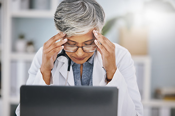 Image showing Woman doctor, laptop and headache or stress from burnout in hospital office while working. Medical professional female with anxiety, mental health problem and depression from healthcare results