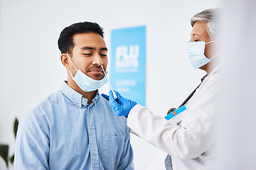 Image showing Doctor, patient and covid test, healthcare and virus with medical consultation at hospital and health insurance. Cotton swab in nose, mask and PCR at clinic, man and woman physician check for corona