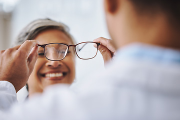 Image showing Vision, optometry and woman with glasses, smile or prescription lenses with eye care. Female client, customer or optometrist helping lady, eyewear or clear eyesight in office and new frame spectacles
