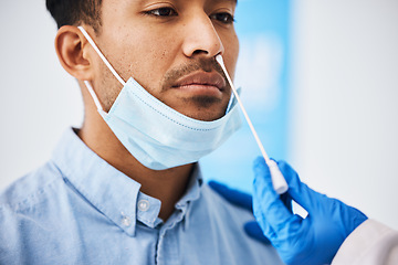 Image showing Doctor, patient and covid nose test, healthcare and virus with medical consultation at hospital and health insurance. Cotton swab for face with PCR at clinic, Asian man and physician check for corona