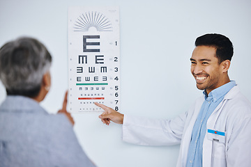 Image showing Eye exam, doctor and patient with vision and chart for reading, healthcare and check eyesight with health insurance. Happy man optometrist, woman and medical consultation with ophthalmology at clinic