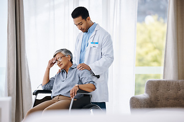 Image showing Stress, woman in a wheelchair and doctor talking to patient, recovery and depression. Female person with injury, male employee and medical professional support lady, disability and comfort in office