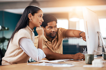 Image showing Collaboration, computer and assistance with a business man helping a woman colleague in the office. Teamwork, help and advice with a female employee asking a male coworker to explain a work task