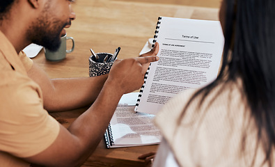 Image showing Business people, hands and pointing to policy document, contract or terms and conditions at the office. Hand of businessman showing legal paperwork, agreement or form for application or information