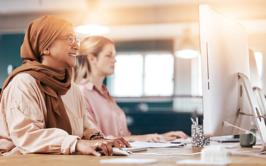 Image showing Computer, business office and muslim woman coworking, planning and online management at startup company. Happy diversity people or hijab employee with digital research, website update and desktop pc