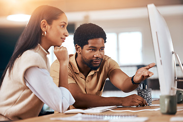 Image showing Teamwork, computer and assistance with a business man helping a woman colleague in the office. Collaboration, help and advice with a female employee asking a male coworker to explain a work task