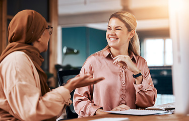 Image showing Diversity, Islamic and business women talking or in conversation together planning in a company office. Happy, employees and friends in collaboration or Muslim colleague in discussion on a break