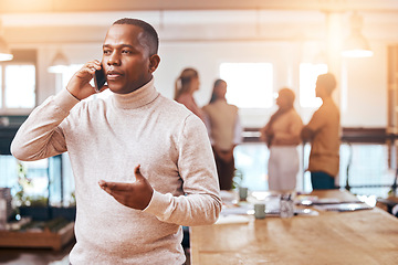 Image showing Business, focused man and phone call on cellphone in busy office for communication, networking and contact. Black male talking on smartphone for conversation, mobile consulting or planning management