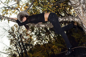 Image showing The young woman hanging on a birch branch. A funny picture