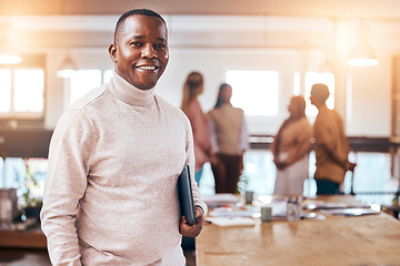 Image showing Business, portrait and happy black man in busy office for management, motivation and commitment to company. Male manager, leadership and smile with confidence, happiness and entrepreneur in agency