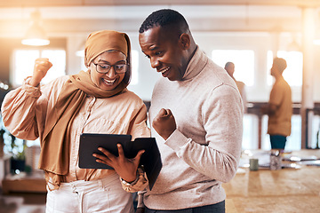 Image showing Success, happy and employees trading with tablet, stock market win and excited about a deal. Cheering, diversity and man and woman happy about business opportunity and competition celebration on tech