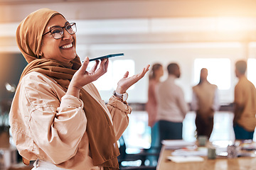 Image showing Phone call, laughing and business with muslim woman in office for communication, voice recording and networking. Technology, mobile and contact with arab female in startup agency for chat and speaker