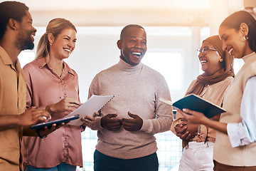 Image showing Laughing business people, meeting and documents in collaboration for planning, teamwork or training in office. Group of diverse employees in team brainstorming, discussion or sharing startup ideas