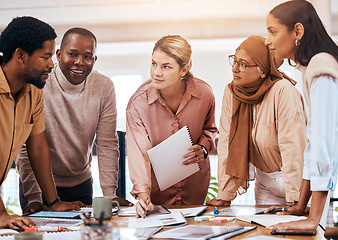 Image showing Planning, teamwork and business people collaboration, talking ideas and brainstorming with documents for meeting. Diversity employees, women and men agenda, strategy and listening to startup manager