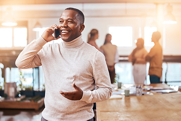 Image showing Business, happy black man and phone call on smartphone in busy office for communication, networking and contact. Male manager talking on cellphone for conversation, mobile consulting and discussion