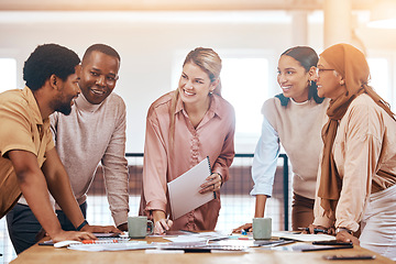 Image showing Planning, meeting and happy business people teamwork, collaboration and brainstorming documents for startup. Workflow, portfolio or paperwork of diversity employees, women and men with group ideas