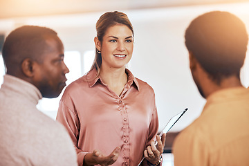 Image showing Planning, teamwork and business people in meeting for career, project tor company startup collaboration and talking. Happy woman or manager with diversity team for feedback, conversation or listening