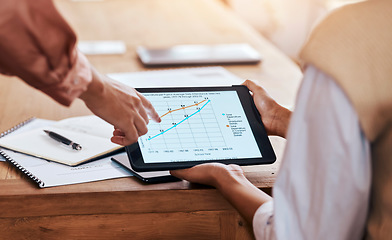 Image showing Business people, hands and tablet pointing to data, graph or chart for analytics or corporate statistics at office. Hand of marketing team in analysis looking at company profit, margin or increase