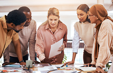 Image showing Planning, strategy and business people teamwork, ideas and brainstorming with documents for management meeting. Workflow, portfolio or paperwork of diversity employees, woman manager and startup talk