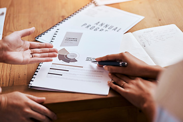 Image showing Marketing report, talking and hands of business people in a meeting for a strategy and company growth. Advice, speaking and employees with communication about a document for agency sales at work