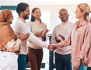 Image showing Business people, clapping and diversity handshake in meeting celebration, success promotion or partnership. Professional hiring, woman shaking hands or b2b onboarding, congratulations and happy deal