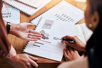 Image showing Report, talking and hands of business people in a meeting for a strategy, company growth and a deal. Advice, speaking and employees with communication about a document for agency sales at work