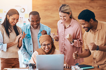 Image showing Fist pump, laptop and business people success, office celebration and startup achievement online of bonus, target or goals. Winner employees, team winning or diversity woman applause on computer news