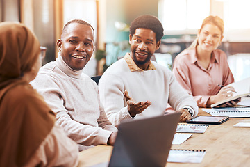 Image showing Creative business people, meeting and collaboration for ideas, planning or team brainstorming at office. Group of employee designers in teamwork, discussion or sharing idea or information for startup