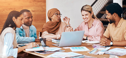 Image showing Diversity, finance and business people laughing, talking or planning startup company data or paperwork. Meeting, discussion and group of employees, team or colleagues brainstorming for teamwork