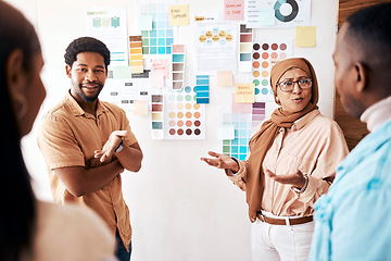 Image showing Planning, collaboration and presentation with business partners talking to their team in the office. Creative, strategy and teamwork with a female manager teaching or coaching an employee group