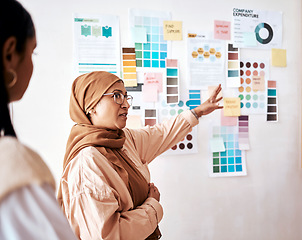 Image showing Planning, teamwork and presentation with a business muslim woman talking to her team in the office. Creative, strategy and collaboration with a female manager teaching or coaching an employee group