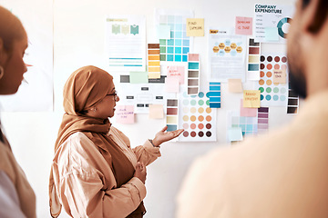 Image showing Planning, collaboration and presentation with a business muslim woman talking to her team in the office. Creative, strategy and teamwork with a female manager teaching or coaching an employee group