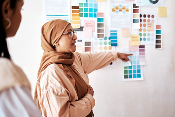 Image showing Strategy, collaboration and presentation with a business muslim woman talking to her team in the office. Creative, planning and teamwork with a female manager teaching or coaching an employee group