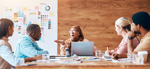 Image showing Meeting, collaboration and training with a woman manager talking to her team in the boardroom for planning. Teamwork, strategy and development with a mature muslim employee coaching her staff at work